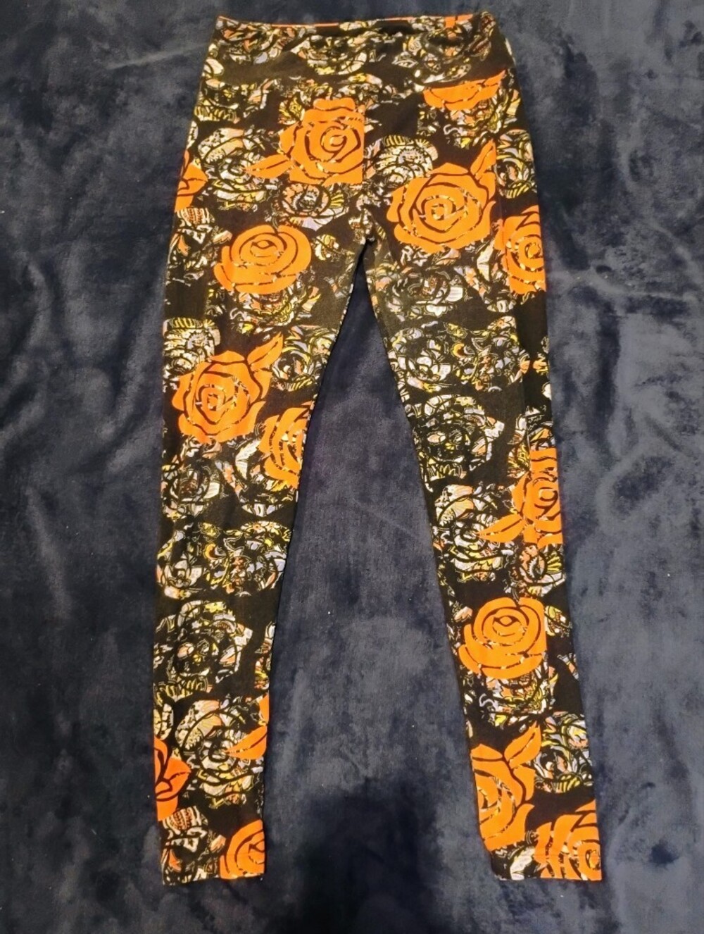 LuLaRoe Leggings Orange Floral Rose Skull Halloween Goth Punk - One Size